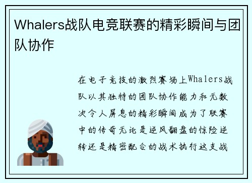 Whalers战队电竞联赛的精彩瞬间与团队协作