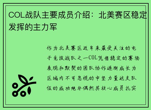 COL战队主要成员介绍：北美赛区稳定发挥的主力军